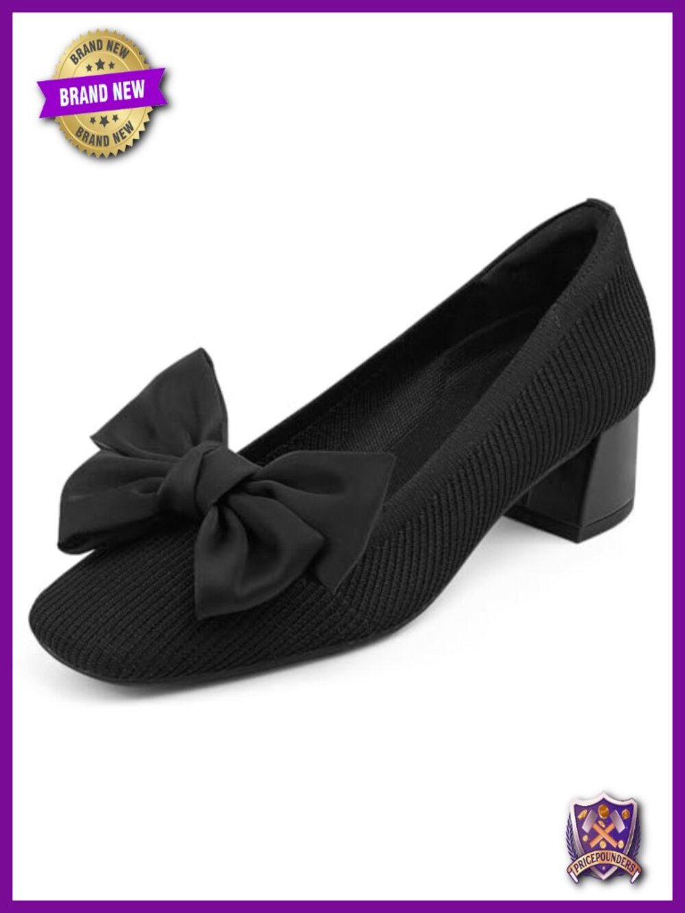 Low Chunky Heel Bow Knit Square Toe Slip On Dress Pumps